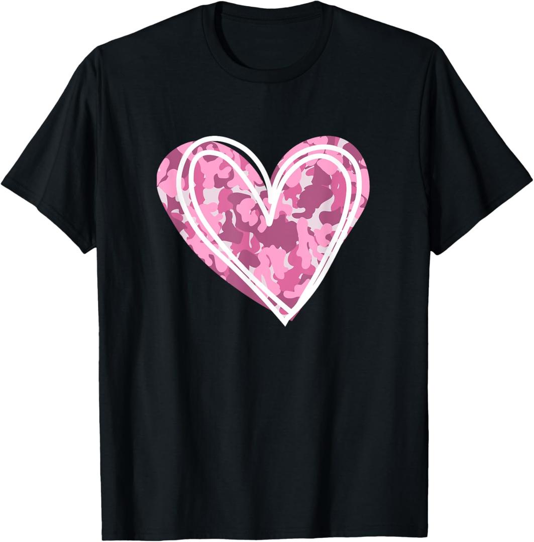 Pink Camo Print Heart Valentines Day T-Shirt, XL