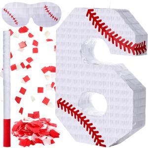 Poen Baseball Piata with Blindfold, Stick, Confetti Sports Piata for Kids Baseball Theme Birthday Party Decoration Supplies, 15 x 11 x 2.76 Inches(Number 6)