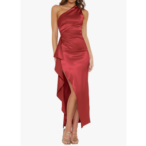 Hocuos Women's 2025 Summer One Shoulder Satin Split Maxi Dress Casual Elegant Wedding Guest Party Dresses Trendy M