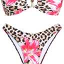 ZAFUL Womens Bandeau Bikini Set Metallic Sparkly O Ring Lace Up Tie Side High Cut Tanga Sexy Bathing Suit Swimwear, Large