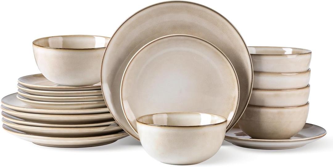 AmorArc Stoneware Dinnerware Sets for 6, 18 Pieces Hand painted Ceramic Plates and Bowls Set, Scratch Resistant Dishes Set, Dishwasher & Microwave Safe, Cappuccino