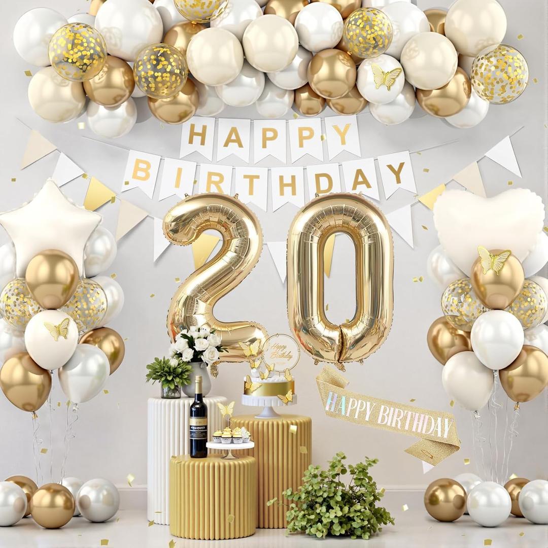 20th Birthday Decorations, White Gold Birthday Party Decorations for Women Men, Boho Beige Cream Balloons Party Supplies with Sash, Butterfly Cake Topper