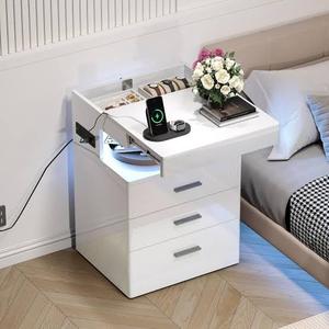 Treocho Led Nightstand with Hidden Space, Modern Night Stand with Charging Station, 3 Drawer Smart Nightstand with Glossy Finish, Tall Bedside Table with RGB Lights for Bedroom, White