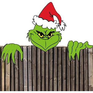 Christmas Decorations Outdoor - Fence Yard Sign with Green Gnome Hand Head for Holiday Christmas Xmas Fence Peeker Decorations Outside