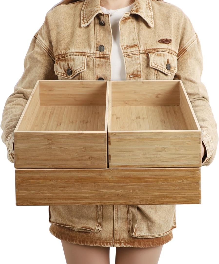 3-Piece Large Bamboo Storage Box Set, 3.9 in High, Stackable Deep-Drawer Organizer for Kitchen Cutlery, Cookware, Utensils & Knives, Lidless Wooden Bin (14.6"x10.2"*1+10.2"x7.3"*2) 3-Piece Large Bamboo Storage Box Set, 3.9 in High, Stackable Deep-Drawer Organizer for Kitchen Cutlery, Cookware, Utensils & Knives, Lidless Wooden Bin (14.6"x10.2"*1+10.2"x7.3"*2)