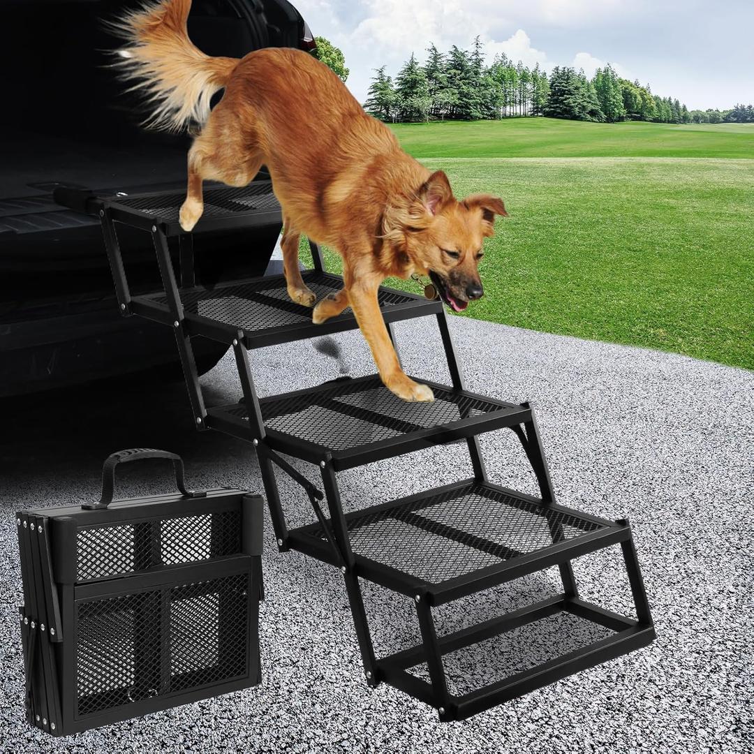 DGSL Dog Ramp for Car, Extra Wide 4 Steps Dog Stairs for Truck, Folding Steps for Dogs with Non-Slip Surface, Pet Loader Dog Steps for Large Dog, SUV, Side Door and Bed (Mesh, 16.9In-4 Steps)