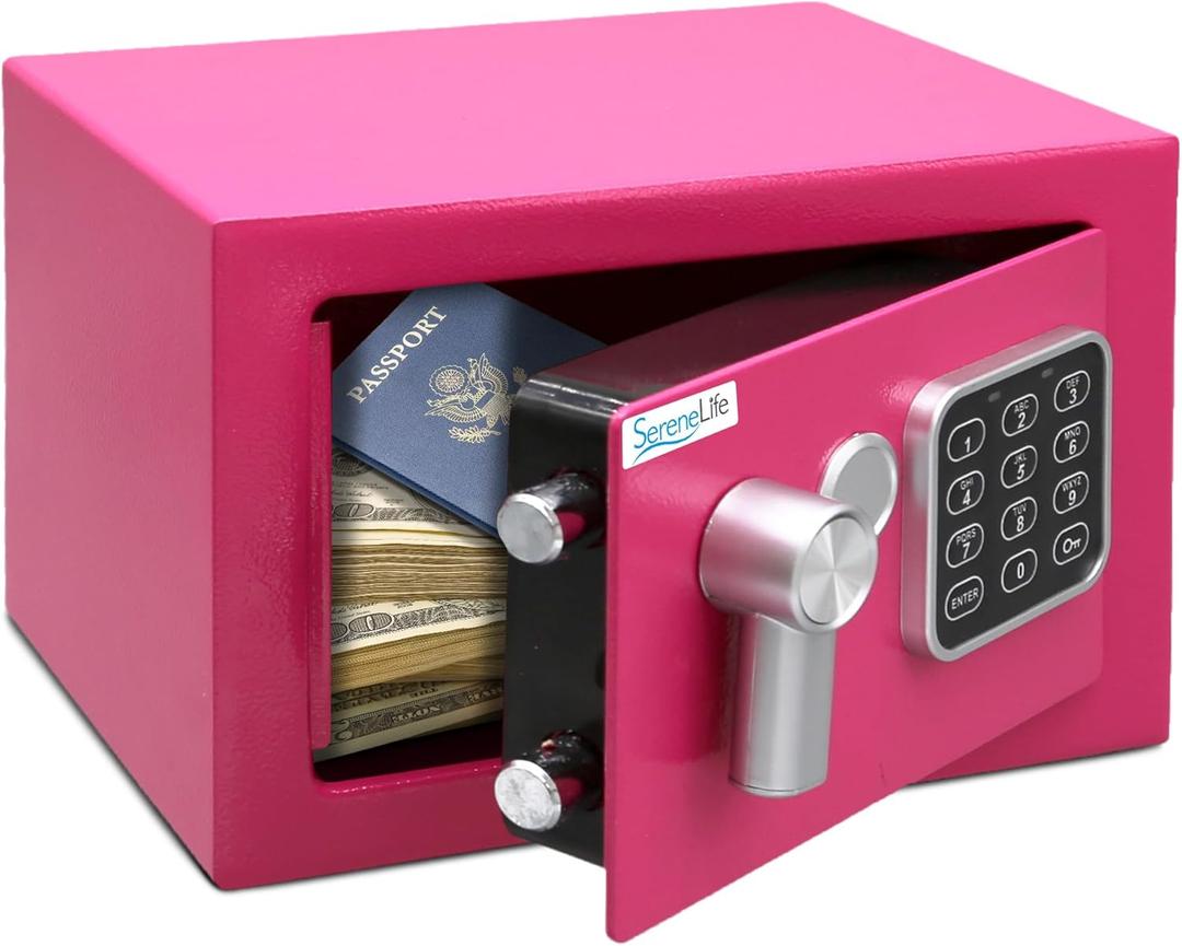 SereneLife Electronic Safe Box | Heavy Duty 9.1 x 6.7" Money Safe | Digital Touch Pad Lockbox with Code 2 Keys | Small Safe Box for Home/Office, Cash, Jewelry, | Wall/Floor Mountable | Pink