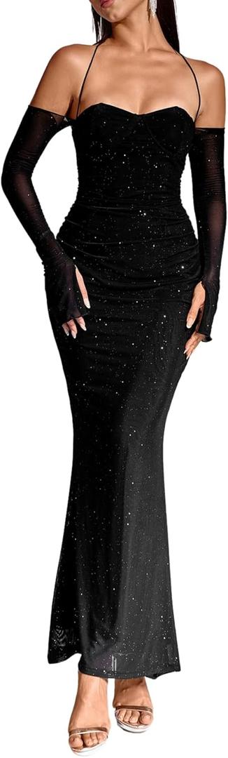 Parthea Womens Sexy Sequin Sparkly Glitter Dresses Off Shoulder Long Sleeve Cocktail Evening Party Elegant Maxi Dress (8-10)