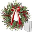 Front-Door Christmas Wreaths with Bow: 24 Inch Red Berry Pine Wreath Comes with Storage Bag - Durable Outdoor Winter Wreath Creating Warm Xmas Vibes - Easy Storage & Gifts Ready Instantly