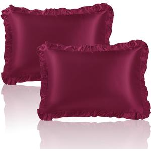 Red Ruffle Satin Pillowcase Standard Size Set of 2, Wine Red Imitate Silk Pillow Cases for Hair and Skin with Envelope Ruffle Closure, Farmhouse Pillow Shams Room Decorative Gift for Women (20"x26")