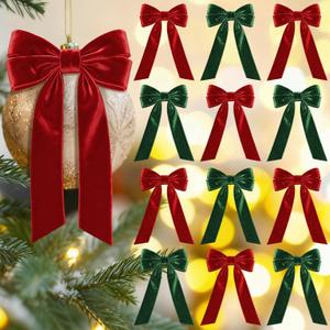 Aneco 12 Pcs Velvet Bows Christmas Ribbon Bow Tree Ornaments Vintage Xmas Bows for DIY Crafts Gift Wrapping Hair Garland Wreath Floral Holiday Door Decorations (9 x 13 Inch, Burgundy, Dark Green)