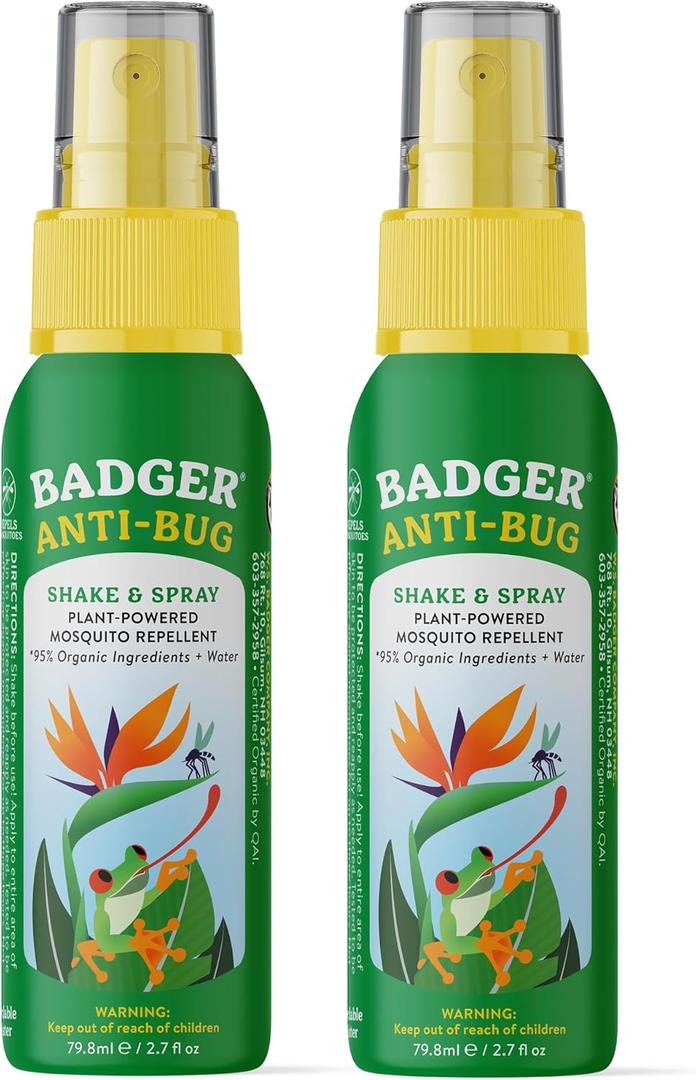 Badger Bug Spray, 3-Hour DEET-Free Mosquito Repellent, Family Friendly, Citronella & Organic Essential Oils, Natural & Vegan Insect Repellent Spray for Travel, 2.7 fl oz Aluminum Bottle, 2-Pack