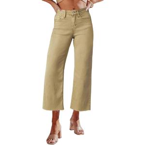 Allimy Women's High Waisted Straight Ankle Wide Leg Ripped Jeans Frayed Hem Stretchy Capri Denim Pants (4, Khaki)