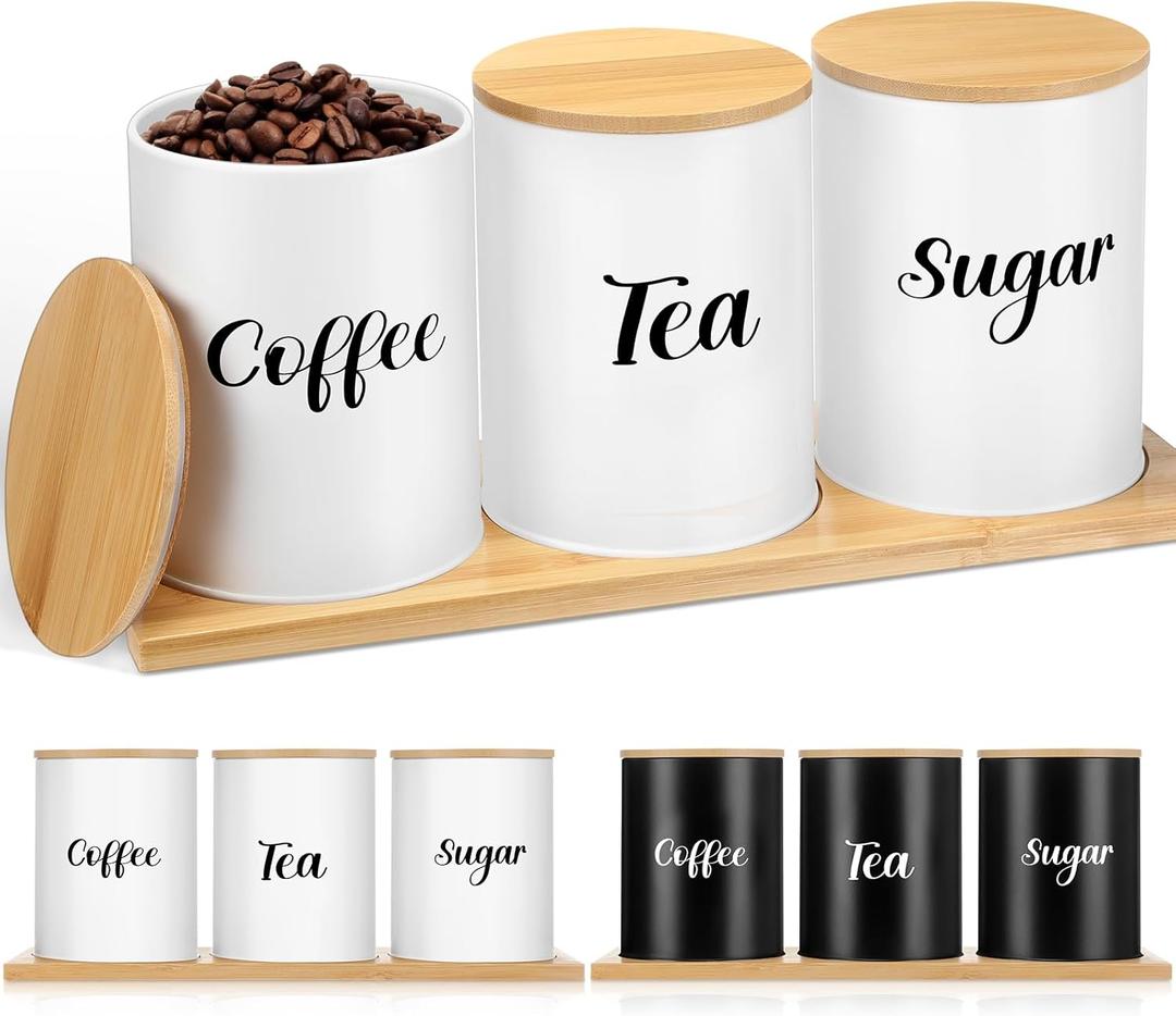 Coffee Tea Sugar Container Set with Tray, Set of 3 Airtight Metal Canister with Bamboo Lids, Farmhouse Kitchen Counter Organizer for Coffee Bar and Drink Station (White)