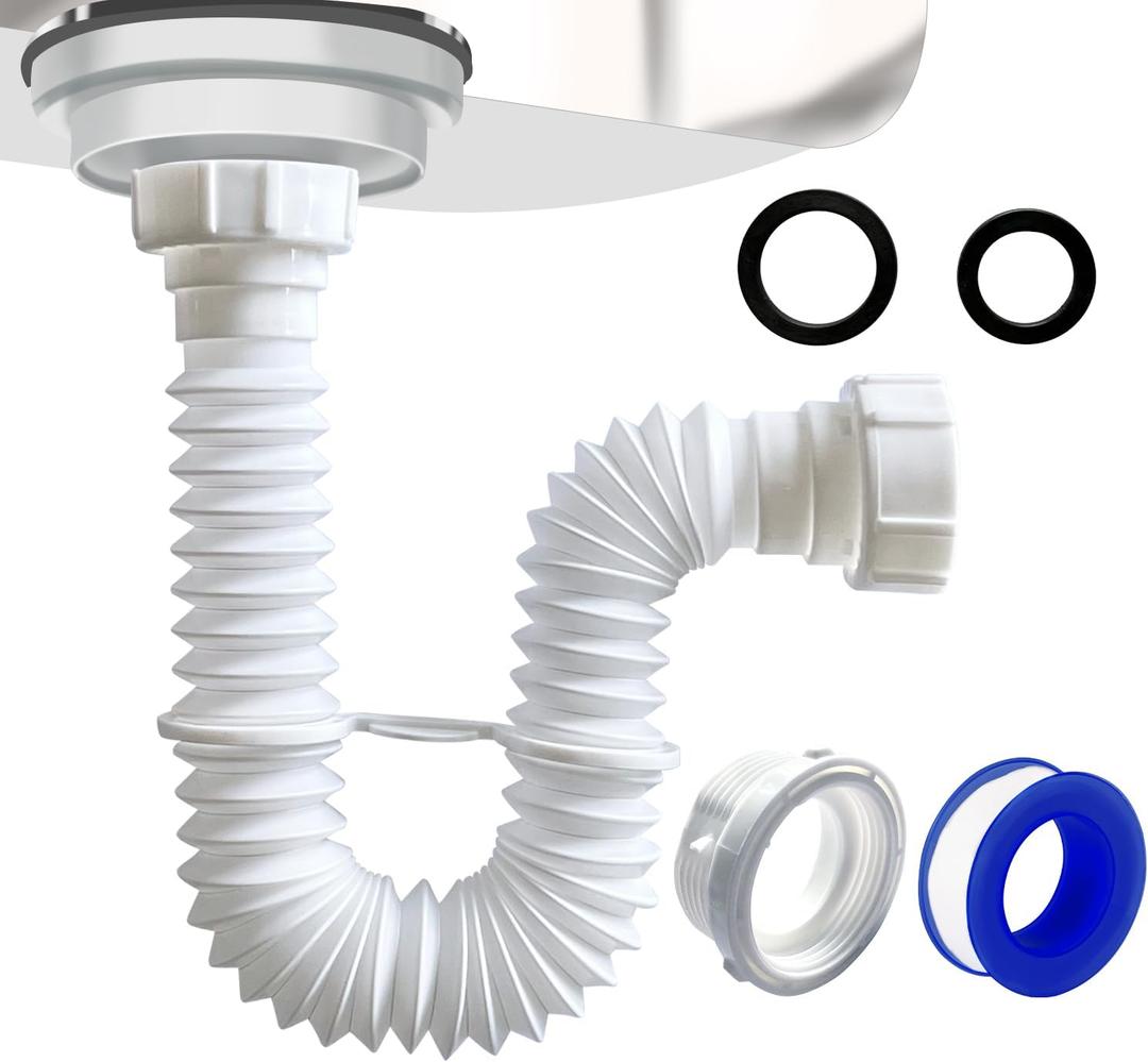 VIVIDA 1-1/2" Sink Drain Pipe Kit, Flexible Drain Pipe P Trap, 7.5"-17.7" Flexible P Trap, Under Sink Plumbing for Bathroom & Kitchen, 1-1/4" Adapter Included, 1 PACK (White)