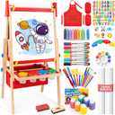 Art Easel for Toddlers Kids, Adjustable Standing Art Easel with Magnetic Chalkboard & Whiteboard, Dry-Erase Board, Paper Roll, Drawing & Painting Easel for Kids Ages 3 4-8 9-12, Red w/Bag