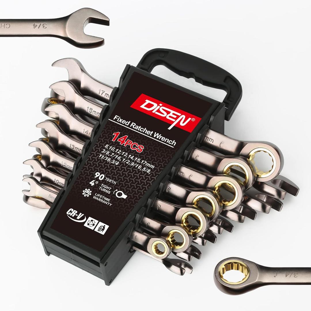 DISEN 14PCS 90-Tooth SEA&Metric Ratchet Wrench Set,Nickel Plating Combination Wrenches Set