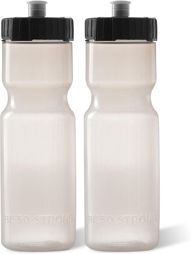 50 Strong Sports Water Bottles  Reusable 22 oz BPA-Free Plastic Bottles with Pull Top Cap  Made in USA  Top Rack Dishwasher Safe  Fits Most Bike Cages Brand (Clear)
