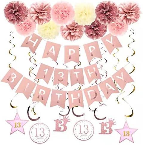 Rose Gold 13th Birthday Party Decors , Rose gold Glittery Happy 13th Birthday Banner,Poms,Sparkling Hanging Swirls Kit for 13th Birthday Party Supplies