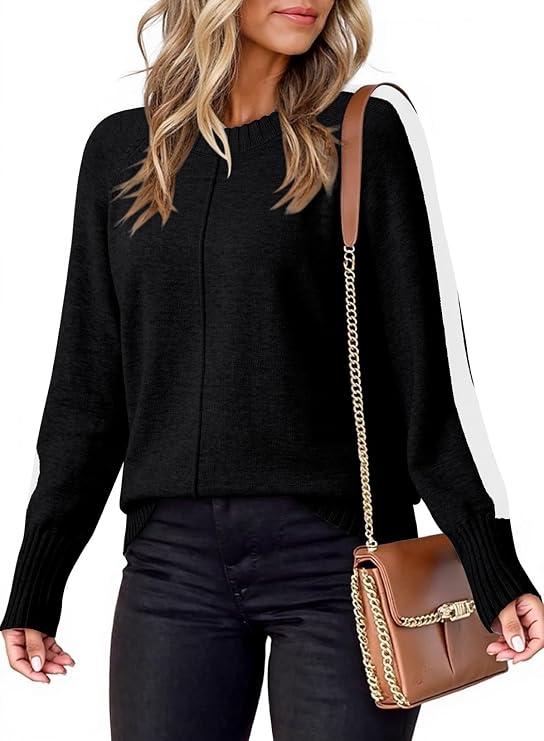 Dokotoo Black Sweaters for Women 2025 Trendy Fall Fashion Color Block Sweater Long Sleeve Crewneck Loose Fit Ribbed Trim Chunky Pullover Knit Tops X-Large
