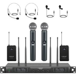 Phenyx Pro 4-Channel Wireless Microphone System w/Auto Scan, 4x40 UHF Frequencies, 2 Handheld Dynamic Mics, 2 Bodypacks & Headsets/Lapel Microphones for Singing, DJ, Church (PTU-7000-2H2B)