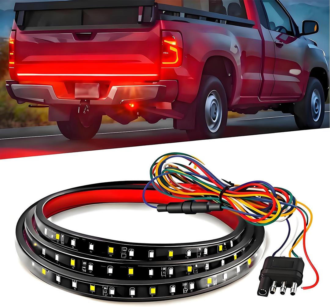 Qasim 48/49inch LED Truck Tailgate Light Strip 5 Function Red/White for Tail Running Brake Light Turn Signal Emergency Warning Reverse Light for Pickup SUV Trailer Cargo