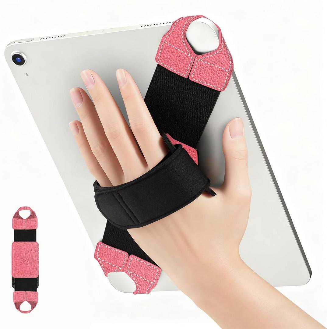 FINTIE Universal Tablet Hand Strap Holder for 9-10 Inch Tablets eReaders, 360 Degrees Swivel PU Leather Secure Portable Handle Grip for iPad, Galaxy Tab and More 9.7" 10" 10.1" 10.2" Tablet (Magenta)
