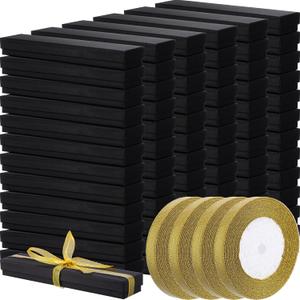 Equsion 72 Pcs Black Jewelry Gift Boxes for Necklace Bulk 8.66 x 1.77 Inch Cardboard Jewelry Gift Boxes Sponge Filled with 4 Rolls Gold Ribbon Long Necklace Box for Wedding Birthday Anniversary