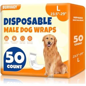 BURVAGY 50 Count Disposable Male Dog Wraps, Male Dog Diapers, Super Absorbent Pee Wraps, Belly Bands for Dogs, Leak Proof, Wetness Indicator, Puppy and Doggie Diaper for Peeing, Large