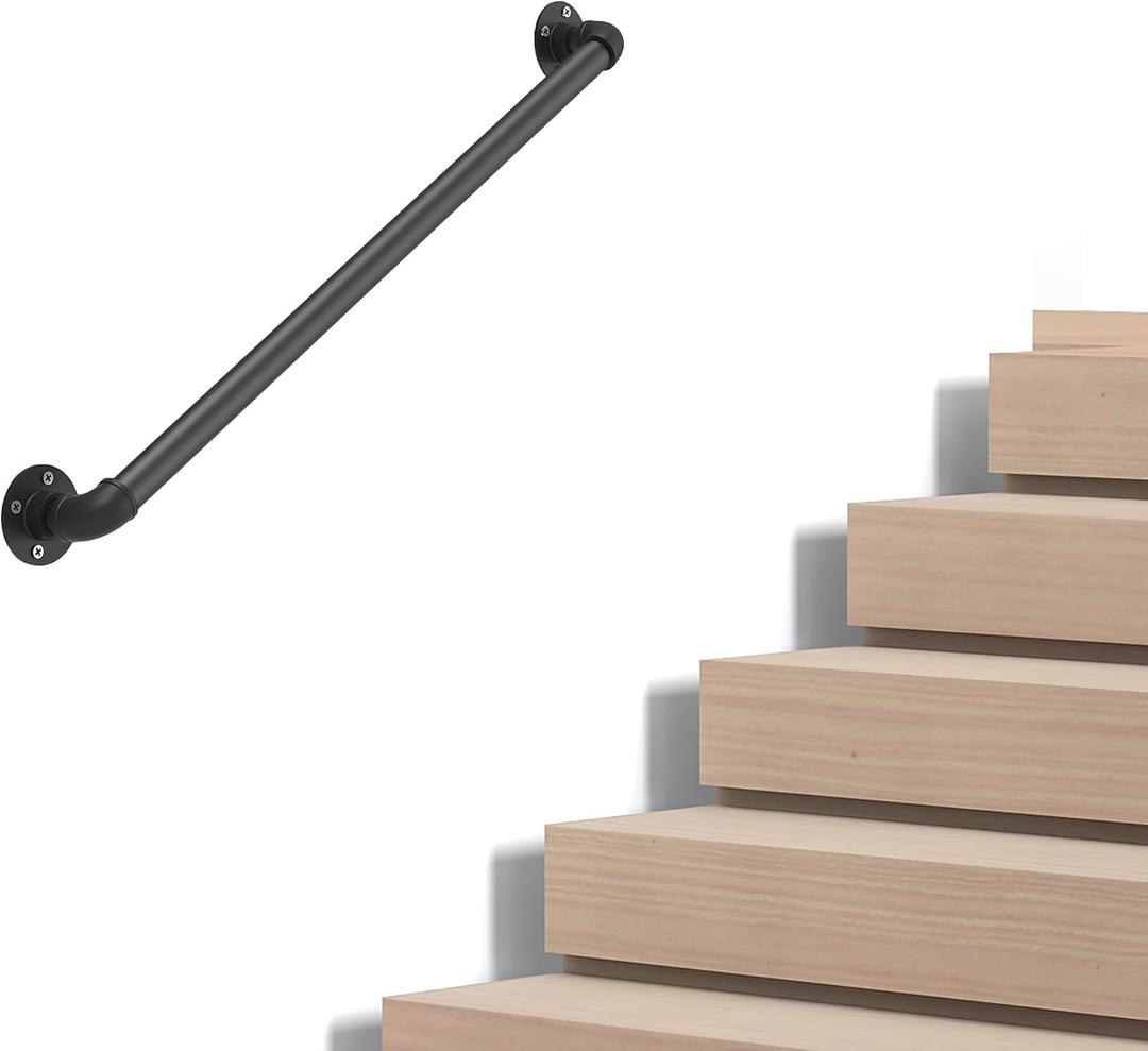 Industrial Pipe Stair Handrail, Wall-Mounted Metal Hand Rail for Indoor & Outdoor Steps, Black Galvanized Iron, Vintage Farmhouse Style, Heavy Duty Support for Stairs & Porch (Black, 2ft)