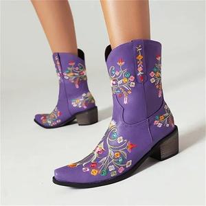 CRYSIGNE Women Flower Embroidered Ankle Cowgirl Boots Square Toe Western Boots Chunky Heel Pull On Short Boots 9