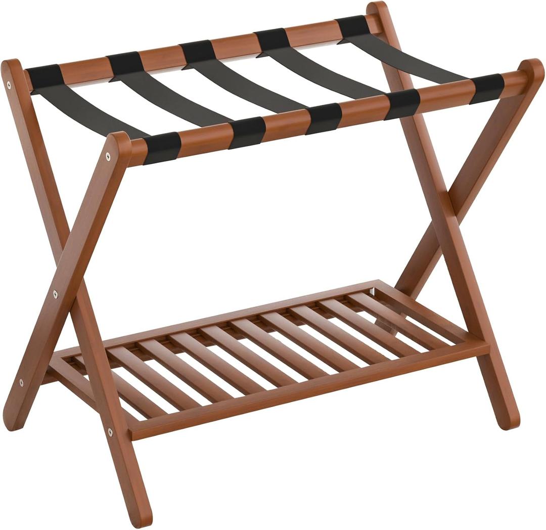 Forevich Luggage Rack Bamboo Folding Suitcase Stand with storage shelf for guest room Living Room Hotel Essentials Heavy-Duty Luggage Holder for suitcases bags shoes Chestnut Brown