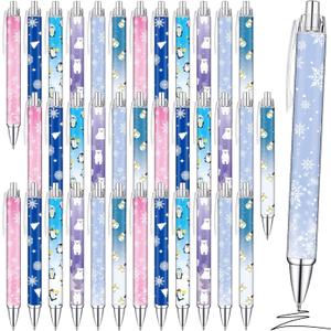 Yeaqee 36 Pcs Winter Party Favor Pen Bulk Christmas Snowflake Penguin Snowmen Pastel Ballpoint Black Ink Retractable Pen Classrooms Exchange Gift for Wonderland Xmas Holiday Prize School Supplies