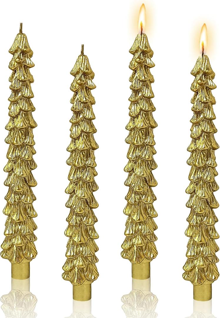 Christmas Tree Shaped Taper Candles, 9.8 Inch Unscented Tree Candle Decorative Christmas Tree Candles Gift for Christmas Festival Celebration Decor, 4PCS, Golden