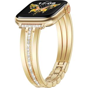AIRSPO Slim Gold Band Compatible with Apple Watch 38mm 40mm 41mm 42mm 44mm 45mm 46mm Women Thin Metal Strap Dressy Jewelry Bracelet with Bling Diamond for iWatch Bands Series 11 10 9 8 7 6 5 4 3 SE