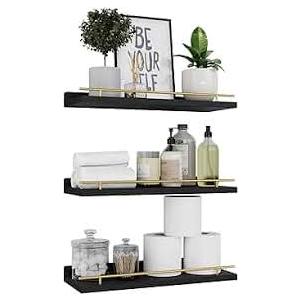 WOPITUES Floating Shelves with Gold Metal Guardrail, Shelves for Wall Decor Set of 3, Wall Shelves for Bedroom, Bathroom, Kitchen, Living Room, Plants, Picture Frames, Art Black and Gold