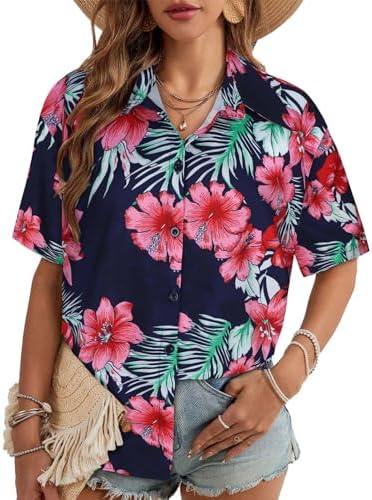 Women Hawaiian Shirt Button Down Summer Tops Beach Cool Short Sleeve V Neck Blouse size S