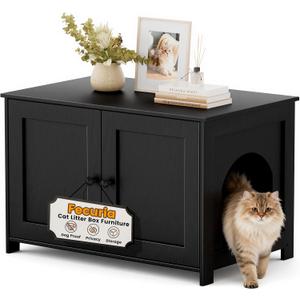 Fecuria Cat Litter Box Enclosure Furniture Dog Proof, Hidden Kitty Washroom Cabinet Low Entry, Wooden Cat Boxes Enclosure Odor Control for Home, Farmhouse Style Decorative TV Stand with Storage, Black