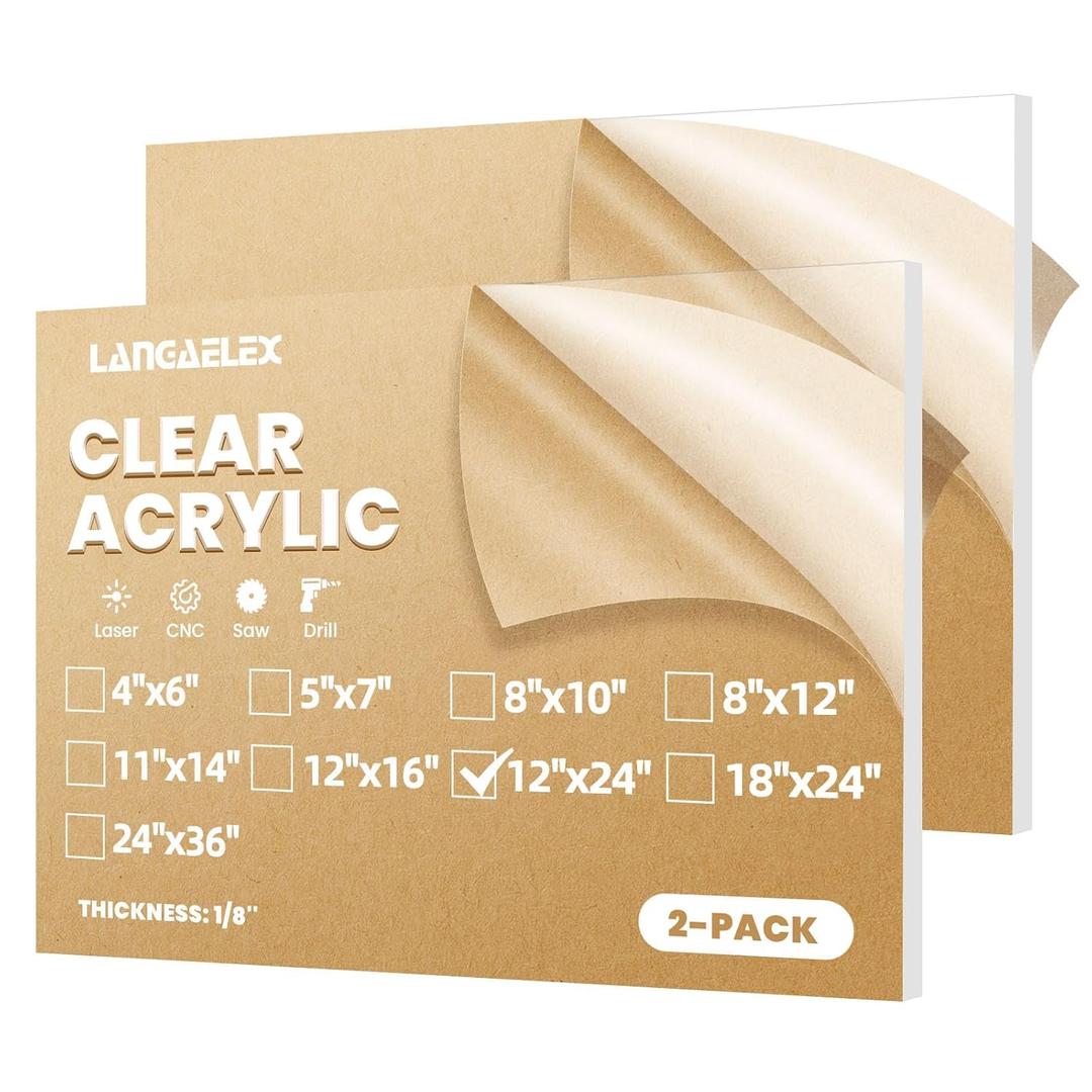 Plexiglass Sheets 1/8" (3mm) Thick - 2 Pack of 12x24 Clear Cast Acrylic Sheets for Laser Cutting, Signs, Glass Replacement, DIY and Crafts Project
