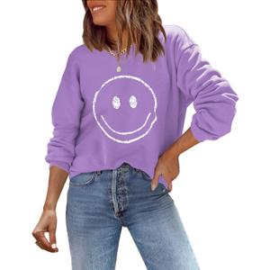 ReachMe Womens Smile Face Sweatshirt Cute Trendy Graphic Sweatshirts Casual Loose Long Sleeve Crewneck Pullover Tops (XXL)