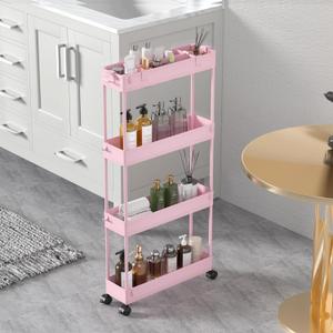 SPACELEAD Slim Storage Cart 4 Tier,Bathroom Organizer Rolling Utility,Mobile Shelving Unit Slide Out for Office, Kitchen, Laundry Room & Narrow Places,Pink
