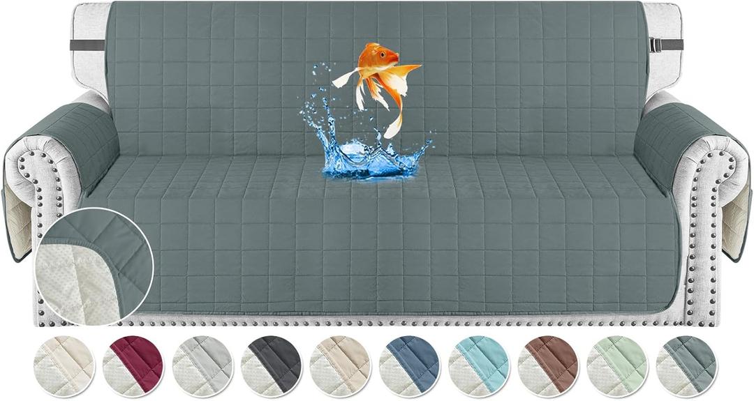 MAXIJIN Waterproof Couch Covers for 3 Cushion Couch Sofa Pet Friendly, 69" Quilted Sofa Covers Washable Dog Couch Cover Protector with Elastic Strap & Side Pocket (Sofa, Dark Gray)