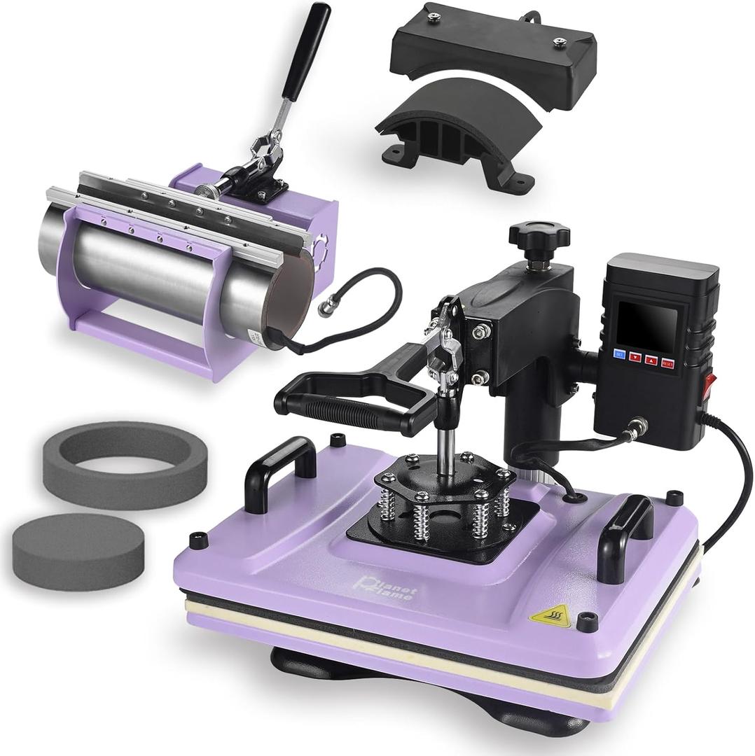 Heat Press Machine 12x15 Inch, 360 Swing Away 5 in 1 Heat Transfer Machine, Multifunctional Heat Transfer Press Machine with 30OZ Tumbler Attachment for Hat/Plate/T-Shirt/Mug, Purple