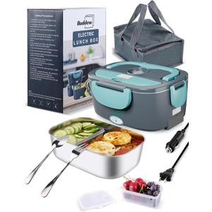 Buddew Electric Heated Lunch Box, 80W Fast Heating, 1.5L Food-Grade 304 Stainless Steel, 12V/24V/110V Portable Food Warmer for Car Truck Office Adults, Lonchera Electrica Portatil (Blue)