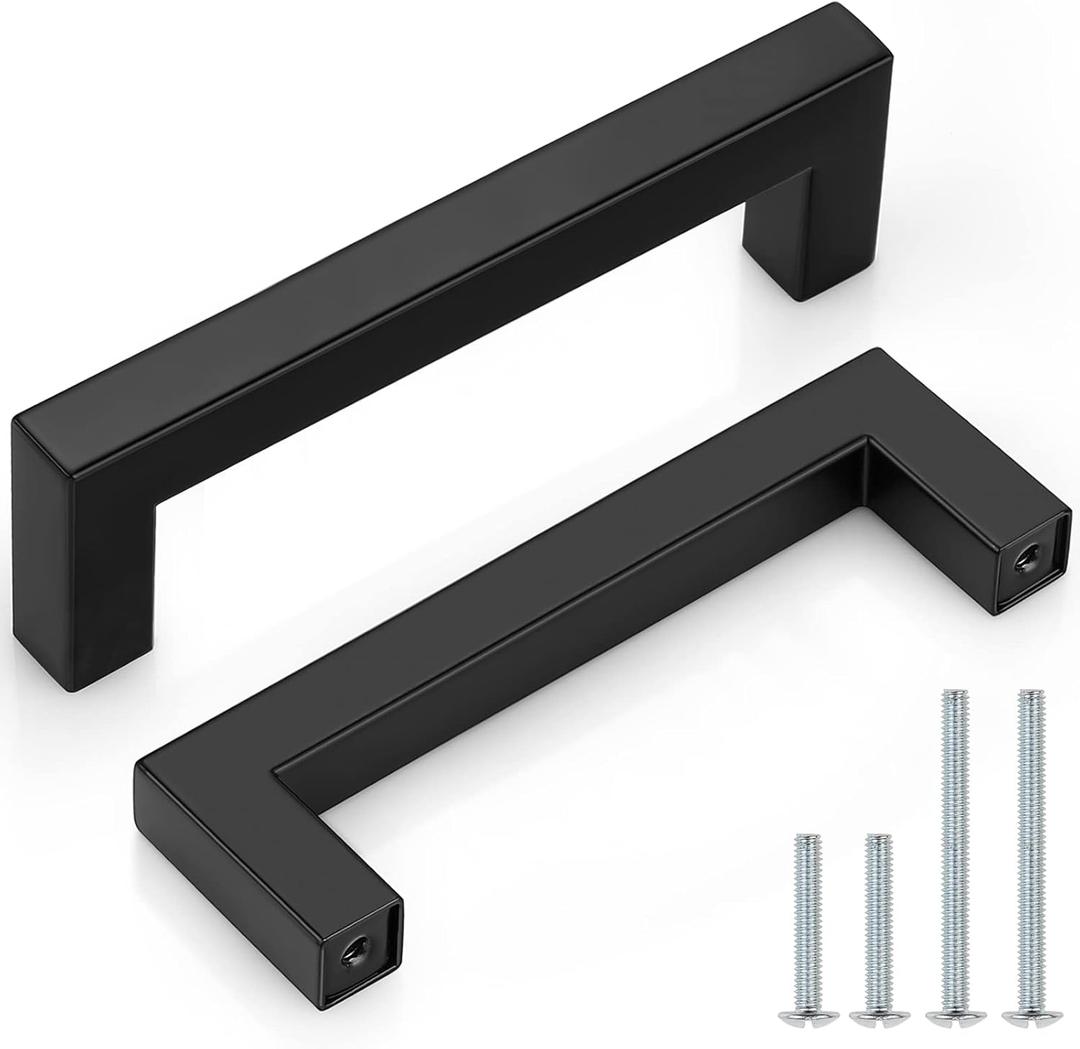 Probrico (5 Pack) Flat Black Square Cabinet Handles 4 inch (102mm) Hole Centers Drawer Pulls for Cupboard Dresser, Stainless Steel Kitchen Bathroom Hardware, Overall Length 4-1/2 inch (114 mm)