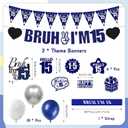 15th Birthday Decorations Banner Boys - 28 Pcs Blue Bruh I'M 15 Pre-Strung Banners Hanging Swirls Latex Balloons Sash Cake Topper Set for 15 Year Old Boy Party Decor Supplies