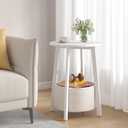 sthmec Small Round Side End Table with Cloth Storage Basket, Round Bedside Sofa Couch Coffee Tables for Small Places with Metal Frame, Modern Nighstands for Living Room Bedroom,White