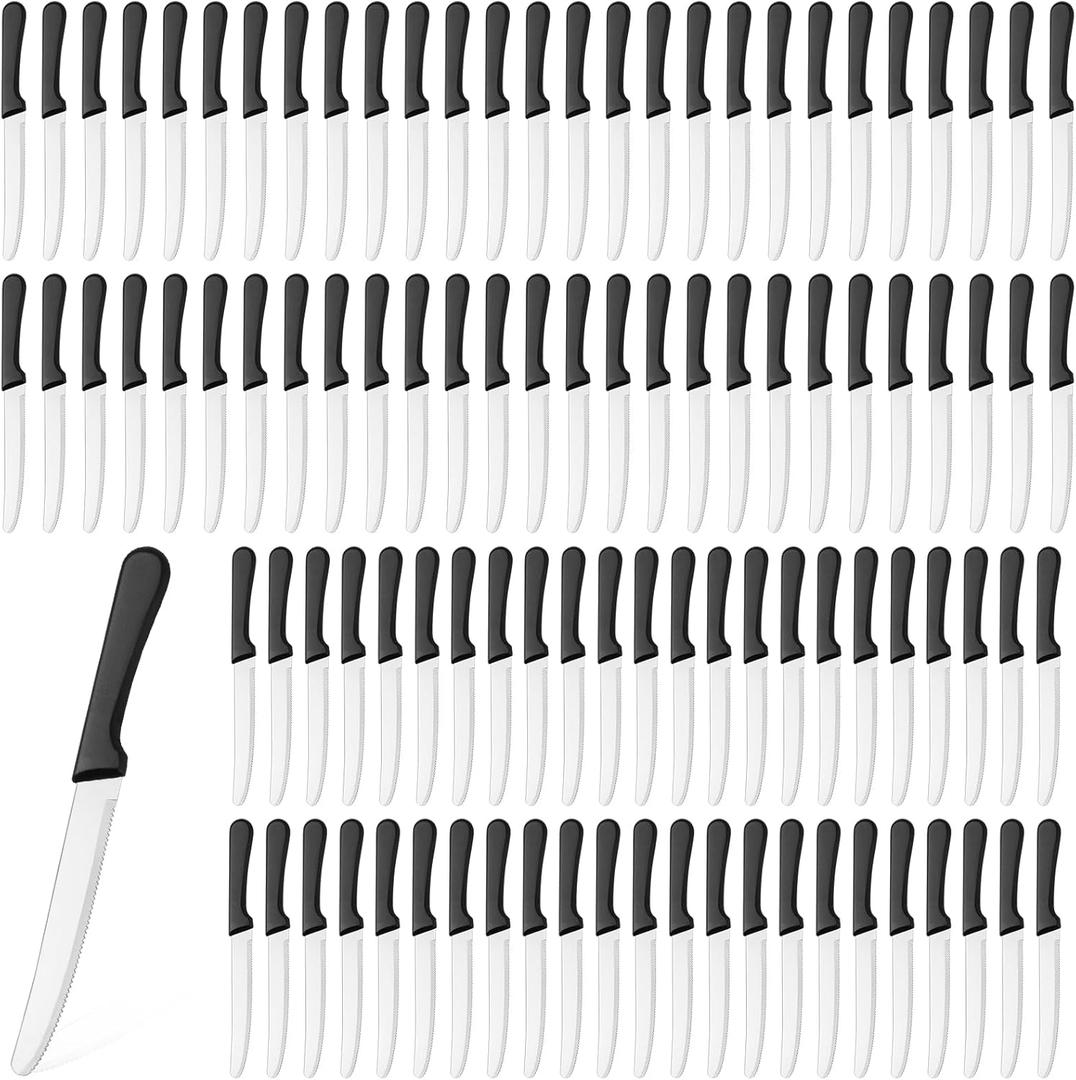 Zhehao 100 Pcs Steak Knives 8.39 Inches Rounded Serrated Steak Blade Knife Stainless Steel Round Tip Knife with Plastic Handle for Kitchen Butter Restaurant (Black)