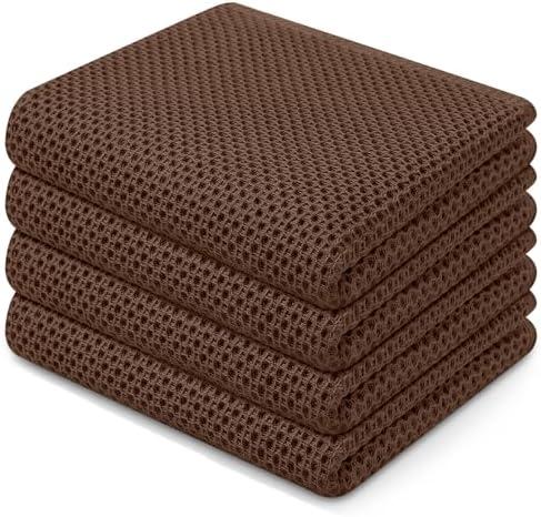 100% Cotton Waffle Weave Kitchen Dish Towels, Ultra Soft Absorbent Quick Drying Cleaning Towel, 13 x 28 Inches, 4-Pack, Coffee
