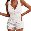 Jauoop Women's V Neck Tank Tops Summer Ribbed Sleeveless Henley Shirts Sexy Low Cut Button Down Cami Knit Tees (Medium, 0-button-white)